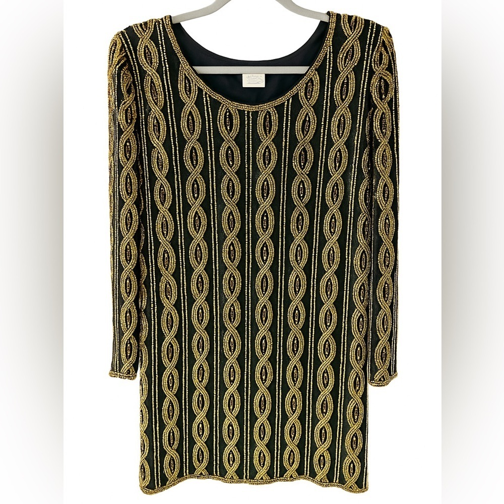 Vintage Stenay Black Gold Beaded Silk Tunic Top Sequin Evening Small